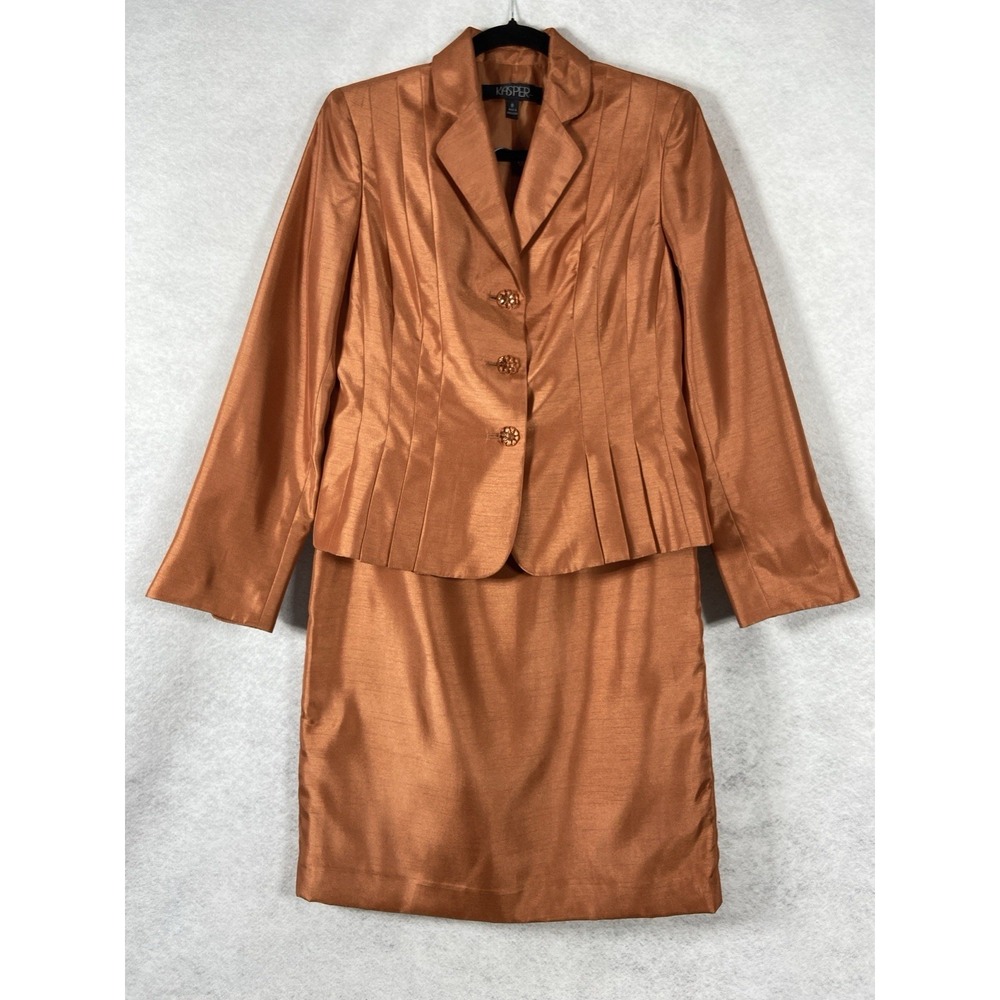 Kasper 2PC Skirt Suit Women's 8 Orange July II Blazer Buttons Long Sleeves New